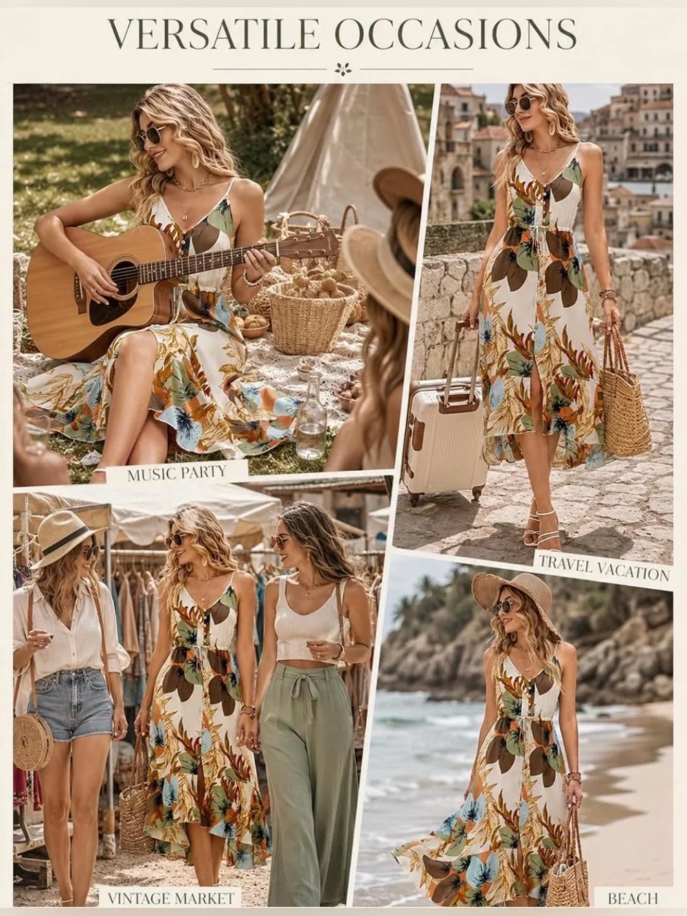 Beautiful BOLD Floral & Leaf Print Glowy Boho Bohemian Sun Dress Sundress Med - Picture 6 of 7